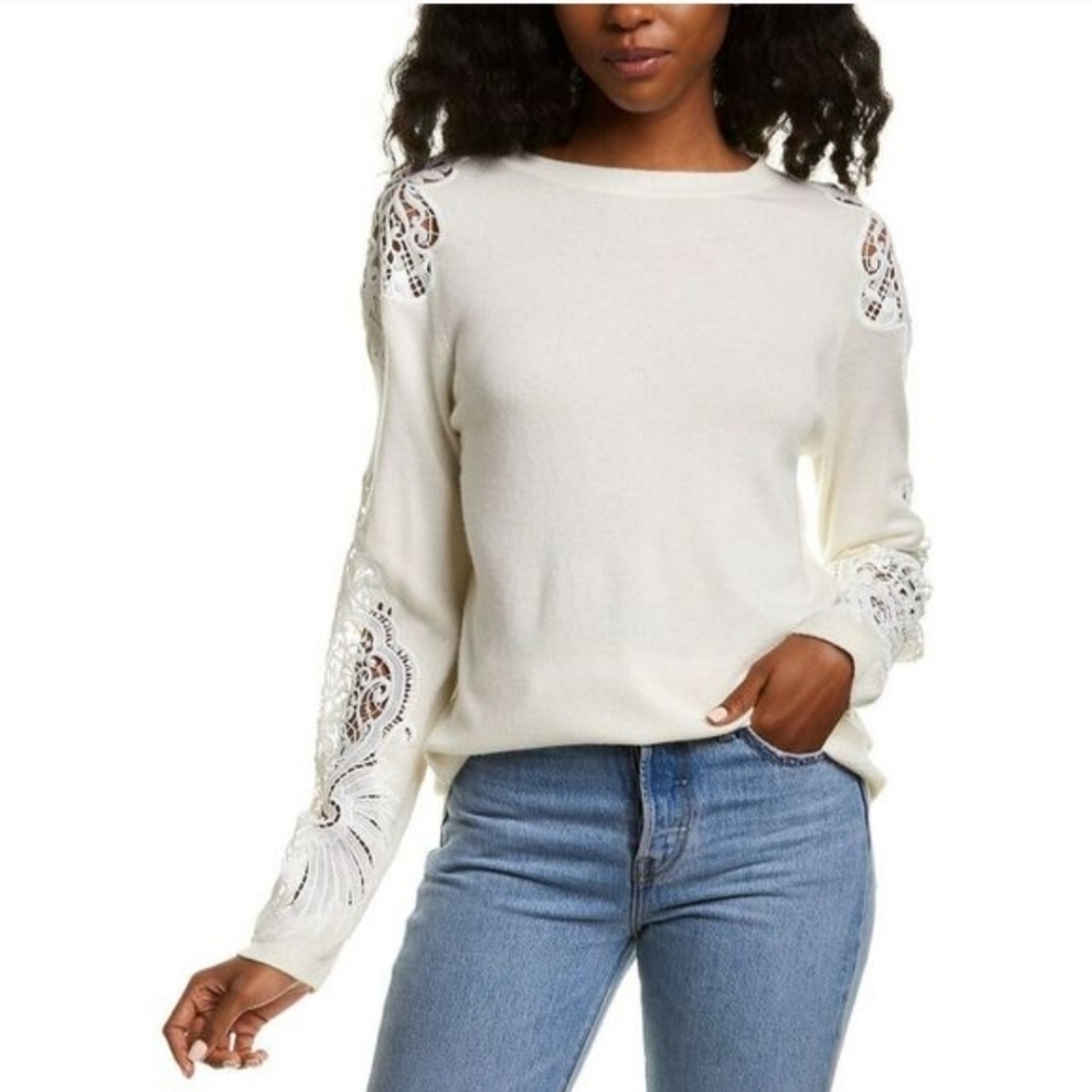 Ted Baker London Cream Lace Sleeve Sweater Size 2 US 6 Merino Wool Cashmere